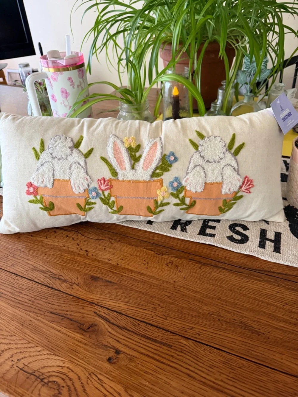 Embroidered Bunny Trio Pillow - Cream with Pastel Accents